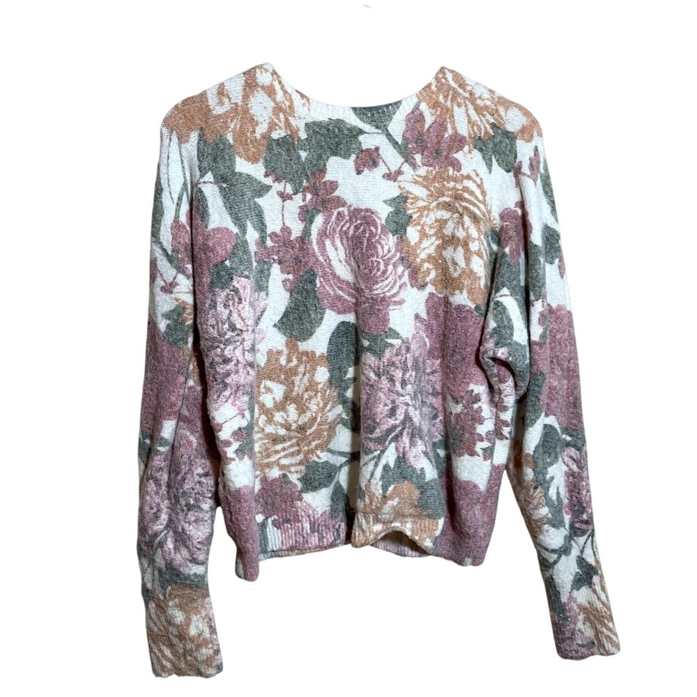 Joie pink yellow floral paris crewneck knit sweater soft women's size medium top